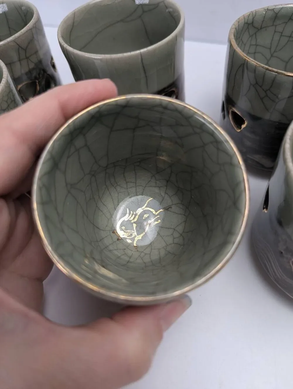 Vintage Somayaki Japanese Tea Cups Set of 6  Crackle Celadon Double Walled Horse